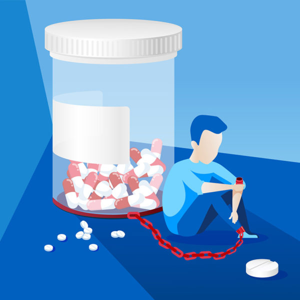 Image of a man chained to a pill bottle taken
                    from https://sageclinic.org/blog/substance-abuse-causes-long-term-effects/.
